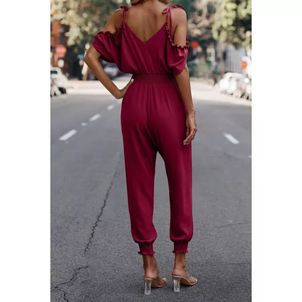 imagePRETTYGARDEN Jumpsuit for Women Casual Wrap V Neck Cold Shoulder One Piece Outfits Pants RomperRed