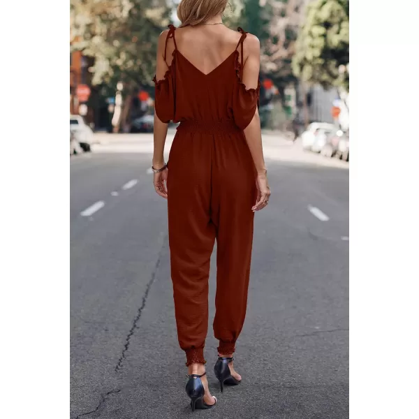 imagePRETTYGARDEN Jumpsuit for Women Casual Wrap V Neck Cold Shoulder One Piece Outfits Pants RomperRed Brown