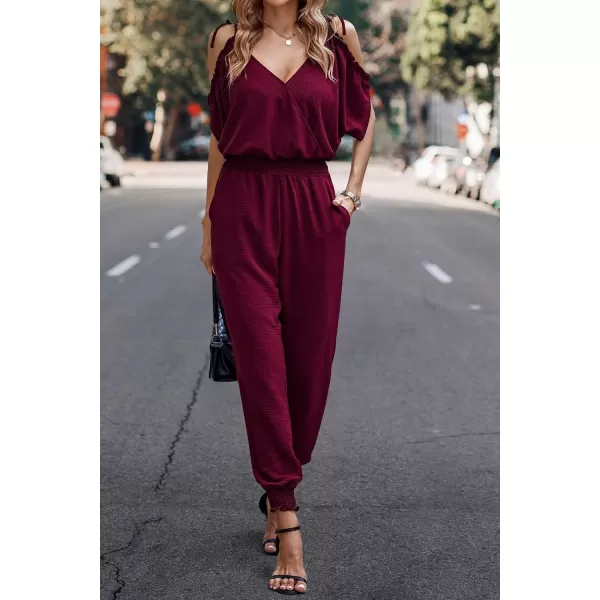 imagePRETTYGARDEN Jumpsuit for Women Casual Wrap V Neck Cold Shoulder One Piece Outfits Pants RomperWine Red