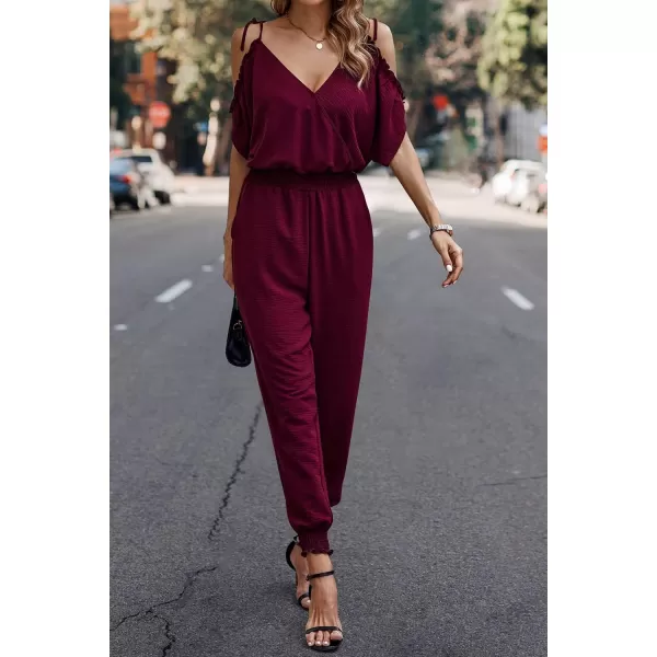 imagePRETTYGARDEN Jumpsuit for Women Casual Wrap V Neck Cold Shoulder One Piece Outfits Pants RomperWine Red