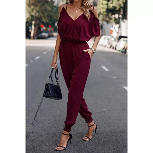 imagePRETTYGARDEN Jumpsuit for Women Casual Wrap V Neck Cold Shoulder One Piece Outfits Pants RomperWine Red