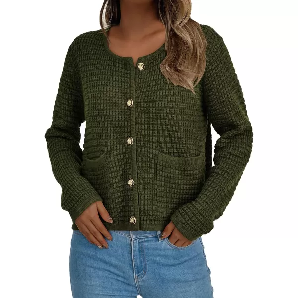imagePRETTYGARDEN Open Front Cardigan Sweaters for Women Button Down Long Sleeve Casual Cute Knitted Shirts with PocketsArmy Green