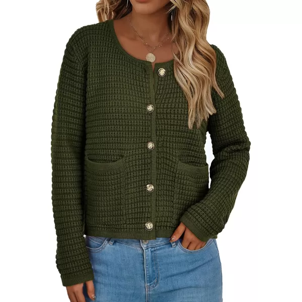 imagePRETTYGARDEN Open Front Cardigan Sweaters for Women Button Down Long Sleeve Casual Cute Knitted Shirts with PocketsArmy Green