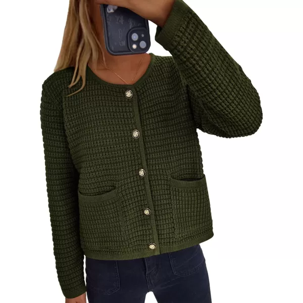 imagePRETTYGARDEN Open Front Cardigan Sweaters for Women Button Down Long Sleeve Casual Cute Knitted Shirts with PocketsArmy Green