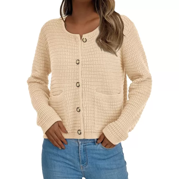 imagePRETTYGARDEN Open Front Cardigan Sweaters for Women Button Down Long Sleeve Casual Cute Knitted Shirts with PocketsBeige