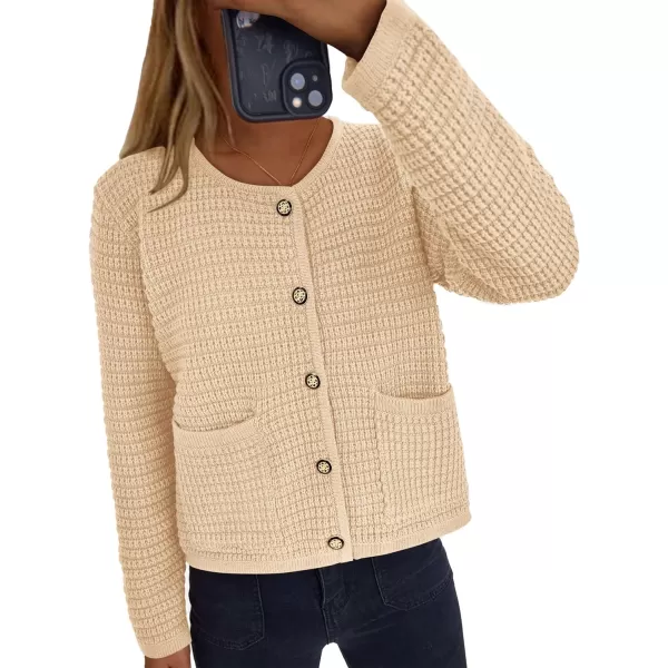 imagePRETTYGARDEN Open Front Cardigan Sweaters for Women Button Down Long Sleeve Casual Cute Knitted Shirts with PocketsBeige
