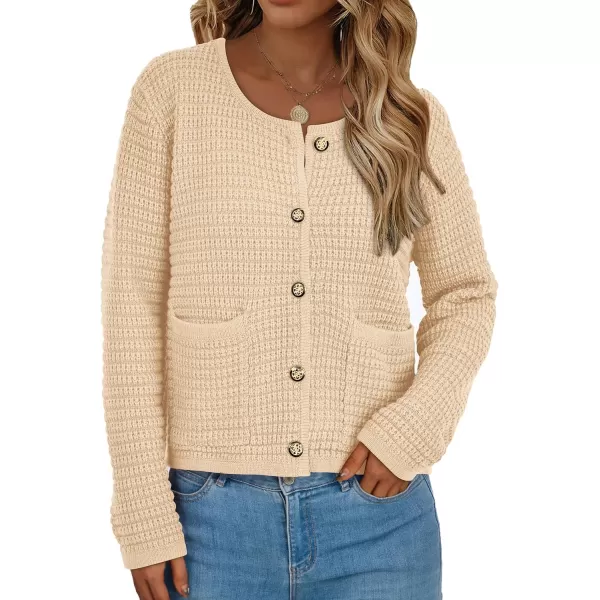 imagePRETTYGARDEN Open Front Cardigan Sweaters for Women Button Down Long Sleeve Casual Cute Knitted Shirts with PocketsBeige