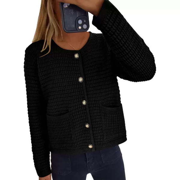 imagePRETTYGARDEN Open Front Cardigan Sweaters for Women Button Down Long Sleeve Casual Cute Knitted Shirts with PocketsBlack