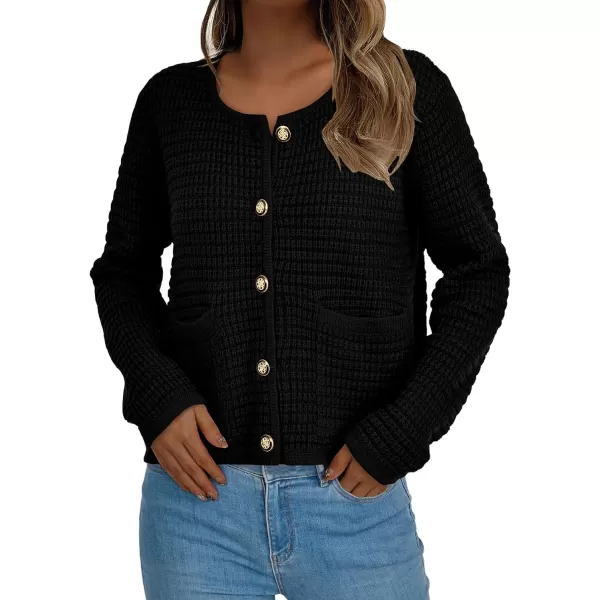 imagePRETTYGARDEN Open Front Cardigan Sweaters for Women Button Down Long Sleeve Casual Cute Knitted Shirts with PocketsBlack