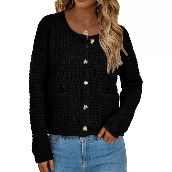 imagePRETTYGARDEN Open Front Cardigan Sweaters for Women Button Down Long Sleeve Casual Cute Knitted Shirts with PocketsBlack