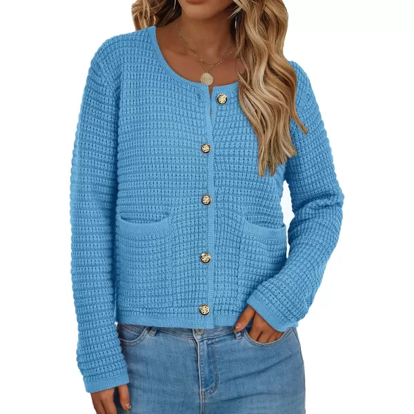 imagePRETTYGARDEN Open Front Cardigan Sweaters for Women Button Down Long Sleeve Casual Cute Knitted Shirts with PocketsBlue