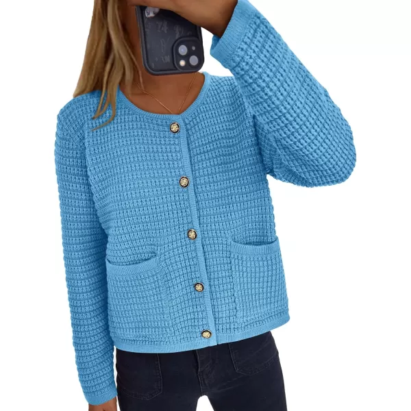 imagePRETTYGARDEN Open Front Cardigan Sweaters for Women Button Down Long Sleeve Casual Cute Knitted Shirts with PocketsBlue