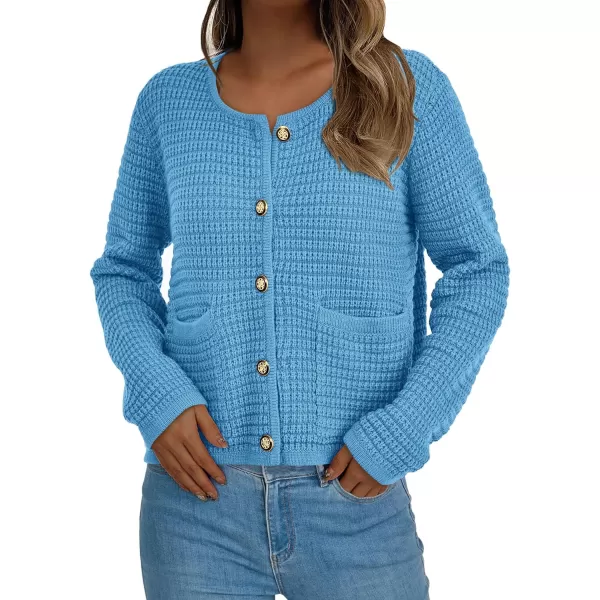 imagePRETTYGARDEN Open Front Cardigan Sweaters for Women Button Down Long Sleeve Casual Cute Knitted Shirts with PocketsBlue