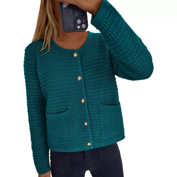 imagePRETTYGARDEN Open Front Cardigan Sweaters for Women Button Down Long Sleeve Casual Cute Knitted Shirts with PocketsBlue Green