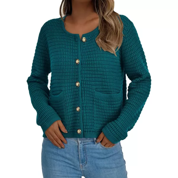 imagePRETTYGARDEN Open Front Cardigan Sweaters for Women Button Down Long Sleeve Casual Cute Knitted Shirts with PocketsBlue Green
