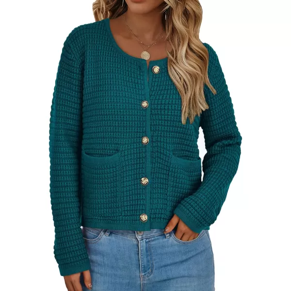 imagePRETTYGARDEN Open Front Cardigan Sweaters for Women Button Down Long Sleeve Casual Cute Knitted Shirts with PocketsBlue Green