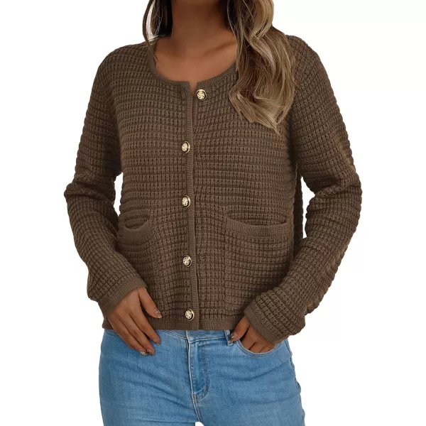 imagePRETTYGARDEN Open Front Cardigan Sweaters for Women Button Down Long Sleeve Casual Cute Knitted Shirts with PocketsCoffee
