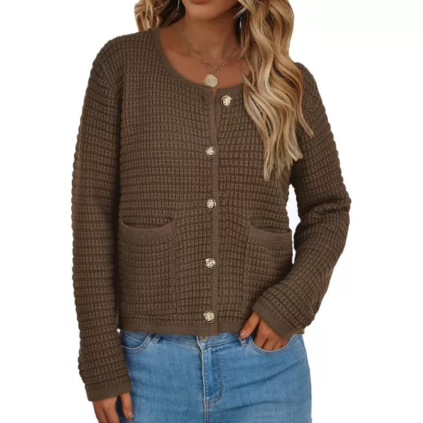 imagePRETTYGARDEN Open Front Cardigan Sweaters for Women Button Down Long Sleeve Casual Cute Knitted Shirts with PocketsCoffee