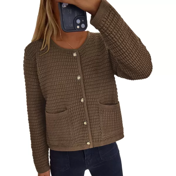 imagePRETTYGARDEN Open Front Cardigan Sweaters for Women Button Down Long Sleeve Casual Cute Knitted Shirts with PocketsCoffee