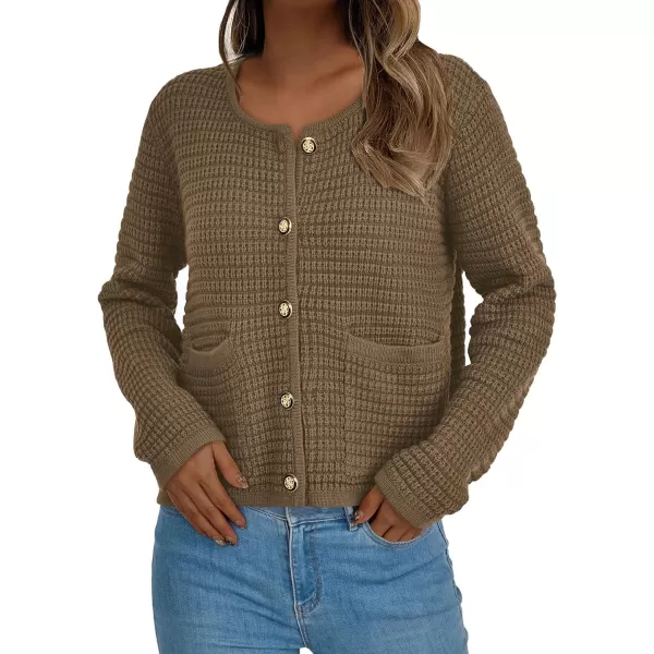 imagePRETTYGARDEN Open Front Cardigan Sweaters for Women Button Down Long Sleeve Casual Cute Knitted Shirts with PocketsDark Khaki