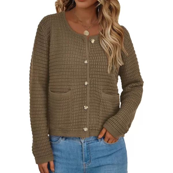 imagePRETTYGARDEN Open Front Cardigan Sweaters for Women Button Down Long Sleeve Casual Cute Knitted Shirts with PocketsDark Khaki