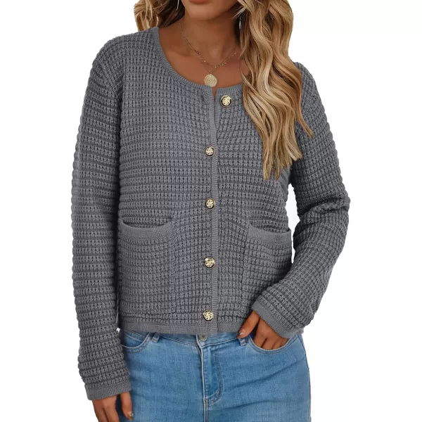imagePRETTYGARDEN Open Front Cardigan Sweaters for Women Button Down Long Sleeve Casual Cute Knitted Shirts with PocketsGrey