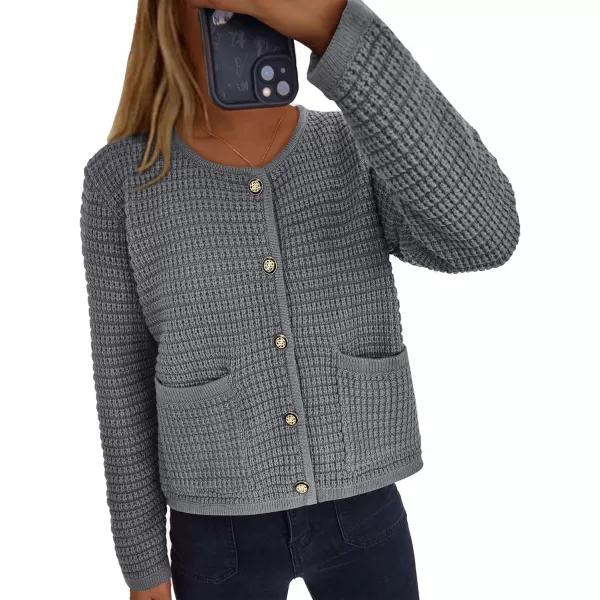 imagePRETTYGARDEN Open Front Cardigan Sweaters for Women Button Down Long Sleeve Casual Cute Knitted Shirts with PocketsGrey