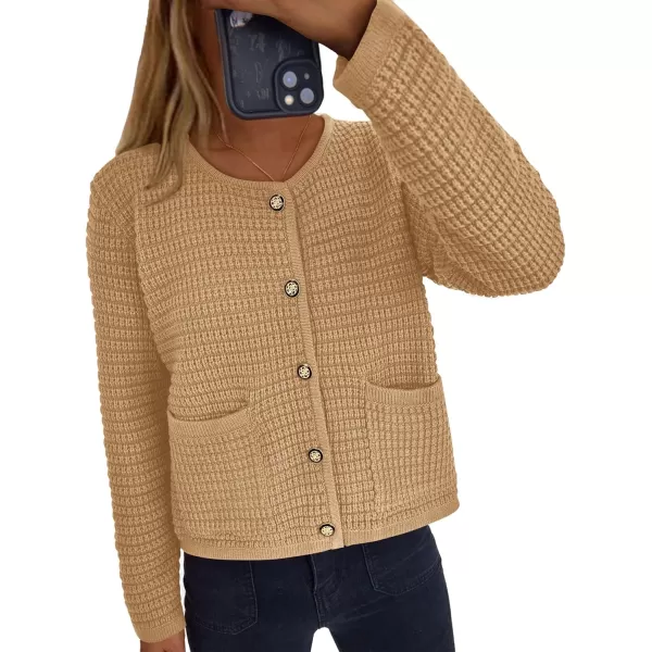 imagePRETTYGARDEN Open Front Cardigan Sweaters for Women Button Down Long Sleeve Casual Cute Knitted Shirts with PocketsKhaki
