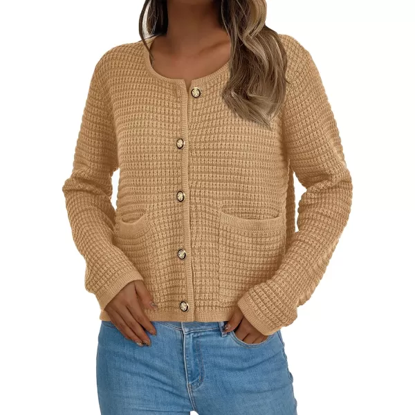 imagePRETTYGARDEN Open Front Cardigan Sweaters for Women Button Down Long Sleeve Casual Cute Knitted Shirts with PocketsKhaki