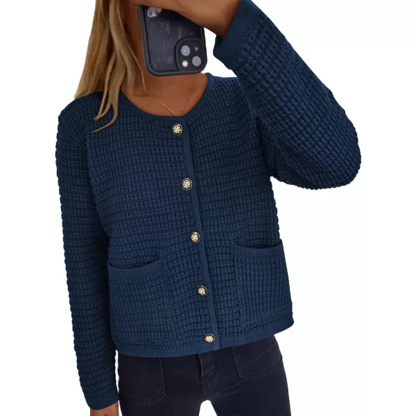imagePRETTYGARDEN Open Front Cardigan Sweaters for Women Button Down Long Sleeve Casual Cute Knitted Shirts with PocketsNavy