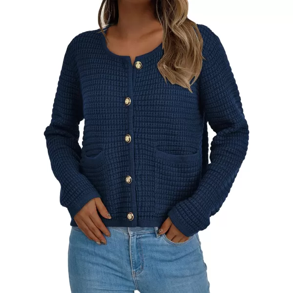 imagePRETTYGARDEN Open Front Cardigan Sweaters for Women Button Down Long Sleeve Casual Cute Knitted Shirts with PocketsNavy