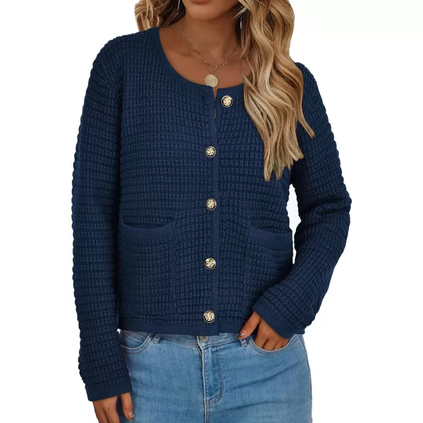 imagePRETTYGARDEN Open Front Cardigan Sweaters for Women Button Down Long Sleeve Casual Cute Knitted Shirts with PocketsNavy