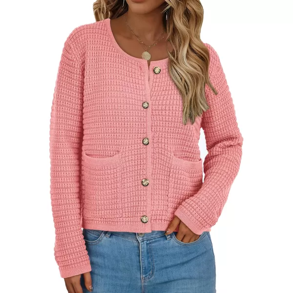 imagePRETTYGARDEN Open Front Cardigan Sweaters for Women Button Down Long Sleeve Casual Cute Knitted Shirts with PocketsPink
