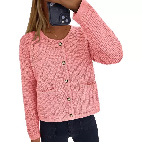 imagePRETTYGARDEN Open Front Cardigan Sweaters for Women Button Down Long Sleeve Casual Cute Knitted Shirts with PocketsPink
