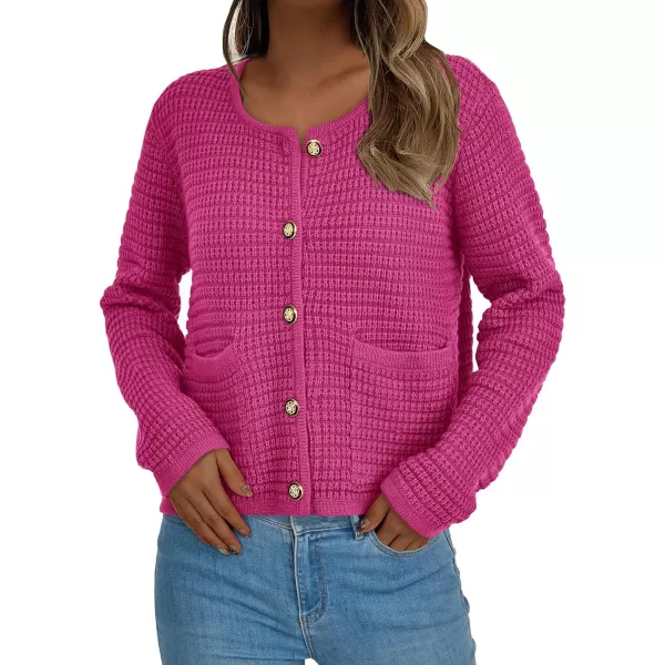 imagePRETTYGARDEN Open Front Cardigan Sweaters for Women Button Down Long Sleeve Casual Cute Knitted Shirts with PocketsRose Red