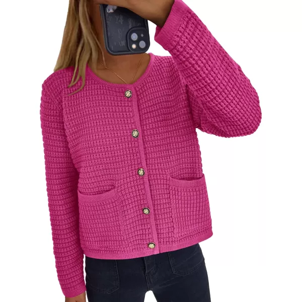 imagePRETTYGARDEN Open Front Cardigan Sweaters for Women Button Down Long Sleeve Casual Cute Knitted Shirts with PocketsRose Red
