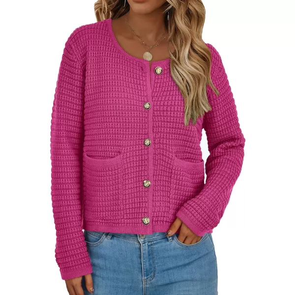 imagePRETTYGARDEN Open Front Cardigan Sweaters for Women Button Down Long Sleeve Casual Cute Knitted Shirts with PocketsRose Red