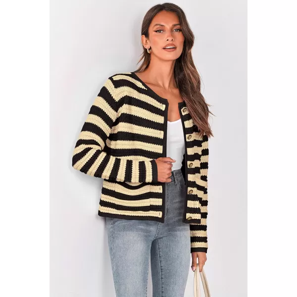 imagePRETTYGARDEN Open Front Cardigan Sweaters for Women Button Down Long Sleeve Casual Cute Knitted Shirts with PocketsStriped Beigeblack