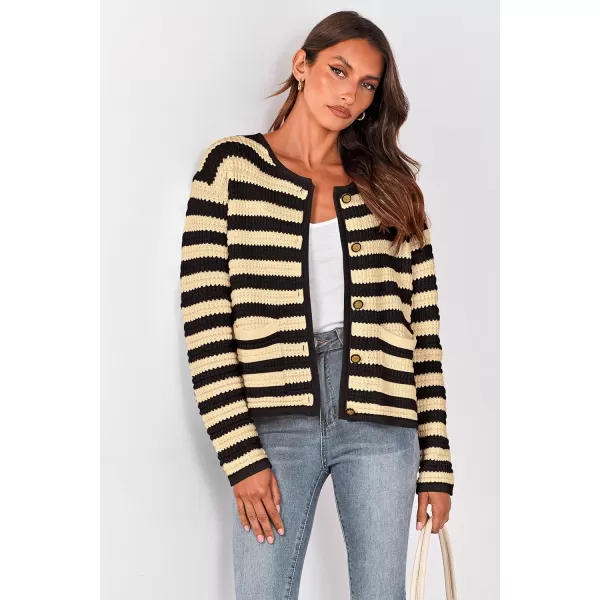 imagePRETTYGARDEN Open Front Cardigan Sweaters for Women Button Down Long Sleeve Casual Cute Knitted Shirts with PocketsStriped Beigeblack