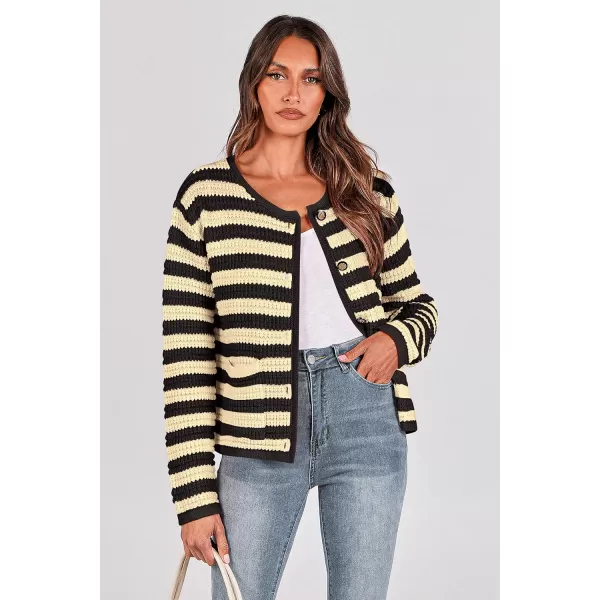 imagePRETTYGARDEN Open Front Cardigan Sweaters for Women Button Down Long Sleeve Casual Cute Knitted Shirts with PocketsStriped Beigeblack
