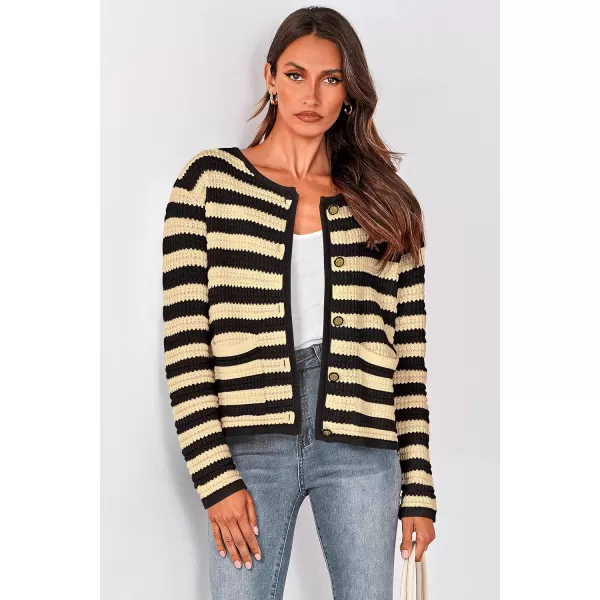imagePRETTYGARDEN Open Front Cardigan Sweaters for Women Button Down Long Sleeve Casual Cute Knitted Shirts with PocketsStriped Beigeblack