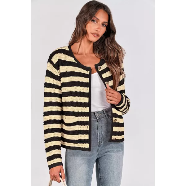 imagePRETTYGARDEN Open Front Cardigan Sweaters for Women Button Down Long Sleeve Casual Cute Knitted Shirts with PocketsStriped Beigeblack