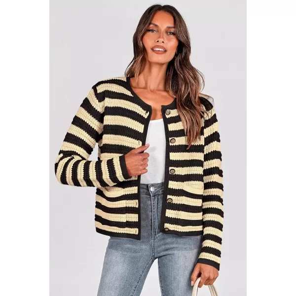 imagePRETTYGARDEN Open Front Cardigan Sweaters for Women Button Down Long Sleeve Casual Cute Knitted Shirts with PocketsStriped Beigeblack
