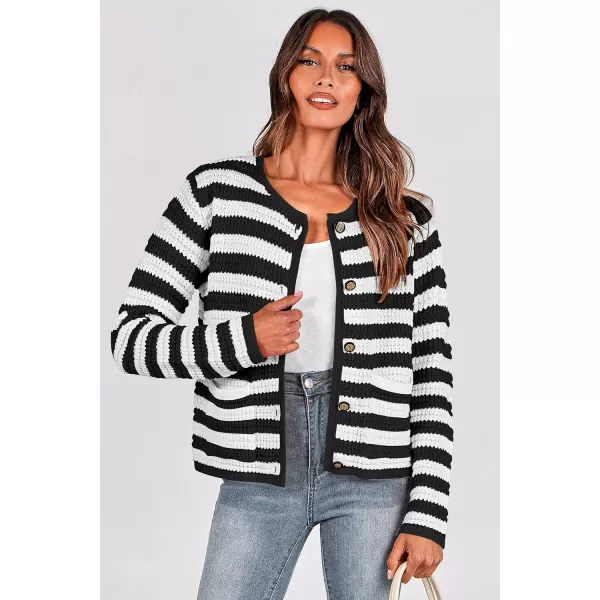 imagePRETTYGARDEN Open Front Cardigan Sweaters for Women Button Down Long Sleeve Casual Cute Knitted Shirts with PocketsStriped Blackwhite