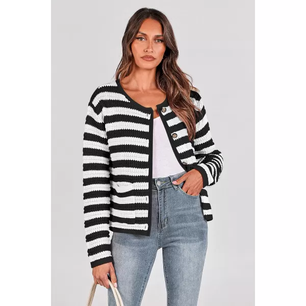 imagePRETTYGARDEN Open Front Cardigan Sweaters for Women Button Down Long Sleeve Casual Cute Knitted Shirts with PocketsStriped Blackwhite