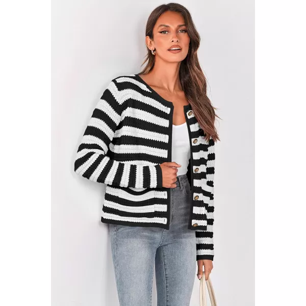 imagePRETTYGARDEN Open Front Cardigan Sweaters for Women Button Down Long Sleeve Casual Cute Knitted Shirts with PocketsStriped Blackwhite