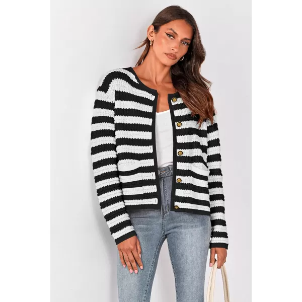 imagePRETTYGARDEN Open Front Cardigan Sweaters for Women Button Down Long Sleeve Casual Cute Knitted Shirts with PocketsStriped Blackwhite