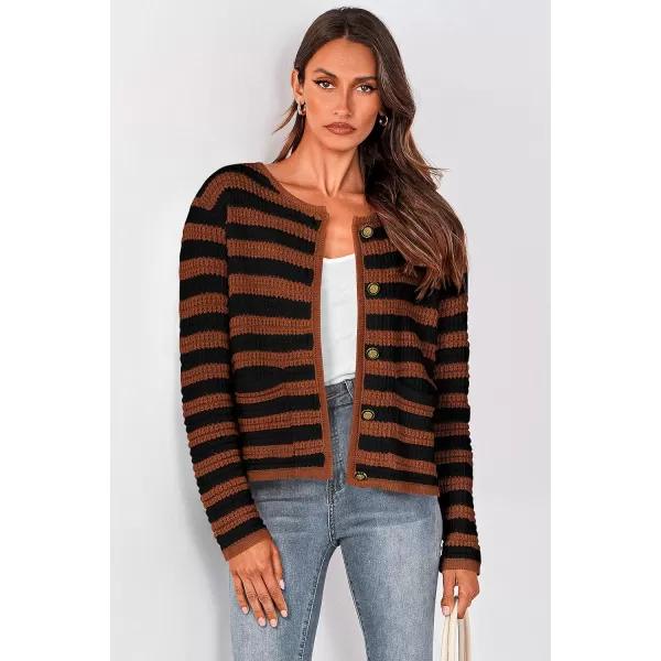 imagePRETTYGARDEN Open Front Cardigan Sweaters for Women Button Down Long Sleeve Casual Cute Knitted Shirts with PocketsStriped Caramelblack