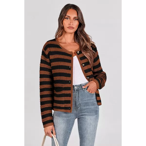 imagePRETTYGARDEN Open Front Cardigan Sweaters for Women Button Down Long Sleeve Casual Cute Knitted Shirts with PocketsStriped Caramelblack