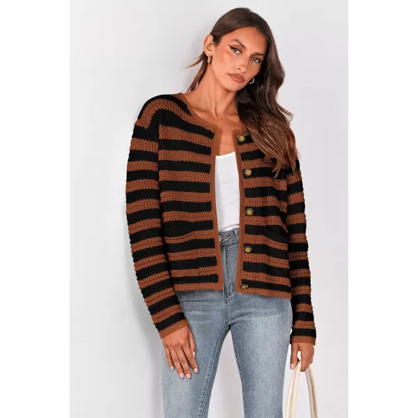 imagePRETTYGARDEN Open Front Cardigan Sweaters for Women Button Down Long Sleeve Casual Cute Knitted Shirts with PocketsStriped Caramelblack